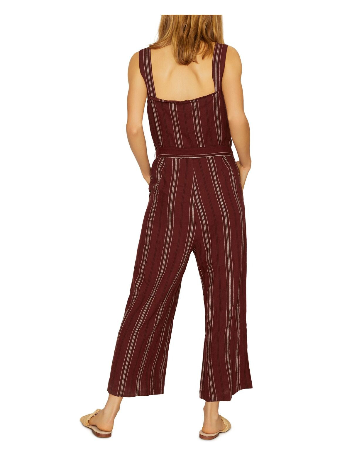 SANCTUARY Womens Burgundy Striped Sleeveless V Neck Wide Leg Jumpsuit XXS