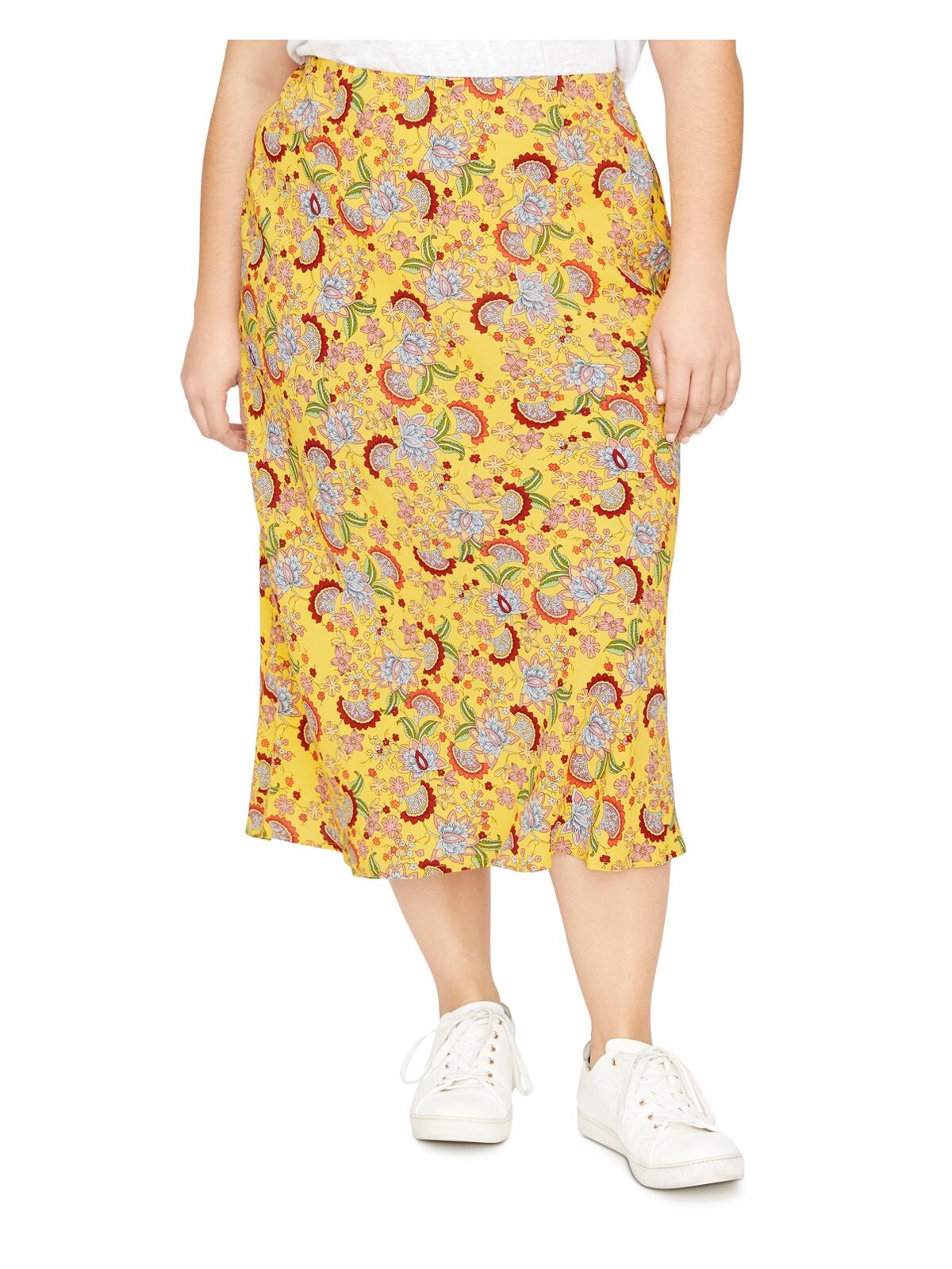 SANCTUARY Womens Yellow Floral Midi A-Line Skirt Plus 3X