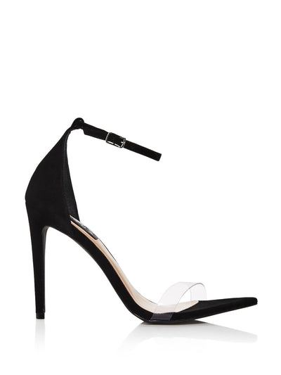 AQUA Womens Black Mixed Media Clear Strap Ankle Strap Cushioned Siri Pointed Toe Stiletto Buckle Leather Dress Sandals Shoes M