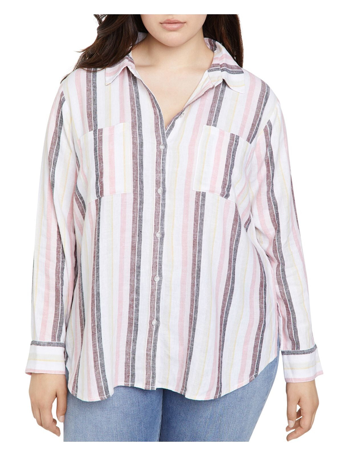 SANCTUARY Womens White Pocketed Boyfriend Vented Sides Round Hem Striped Cuffed Sleeve Collared Button Up Top Plus 2X