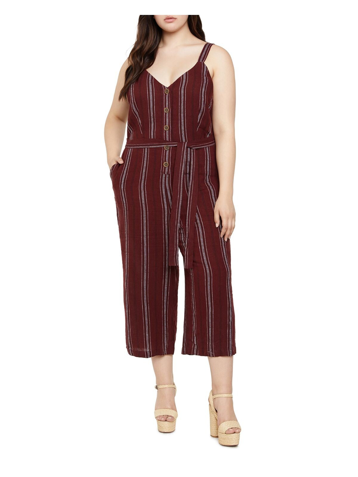 SANCTUARY Womens Maroon Pocketed Belted Button Front Wide Straps Cropped Striped Sleeveless V Neck Wide Leg Jumpsuit Plus 3X