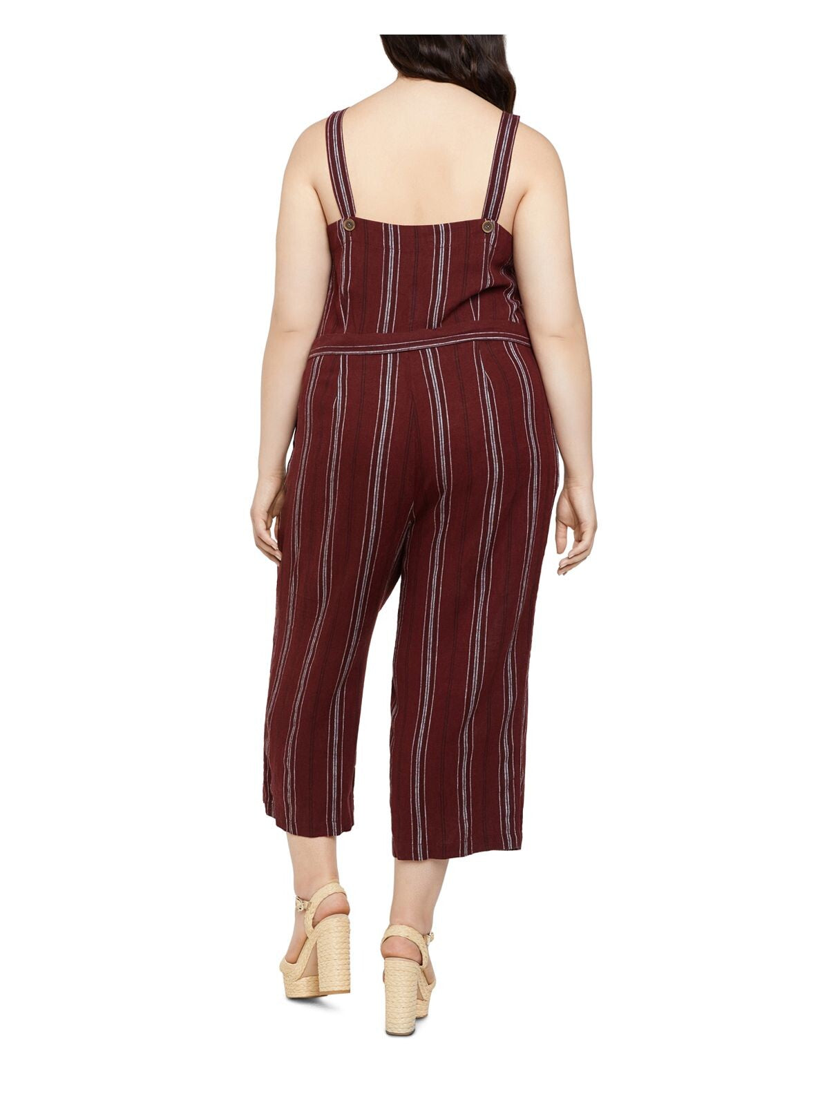 SANCTUARY Womens Maroon Pocketed Belted Button Front Wide Straps Cropped Striped Sleeveless V Neck Wide Leg Jumpsuit Plus 3X