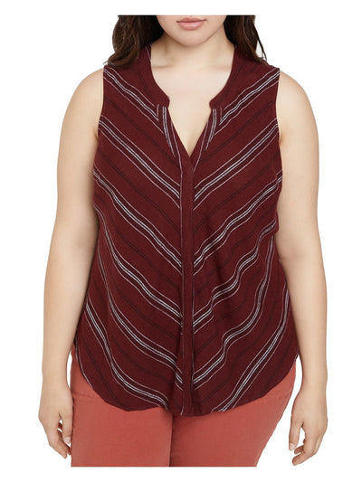 SANCTUARY Womens Maroon Darted Sheer Button Up Round Hem Vented Back Striped Sleeveless Split Tank Top Plus 1X