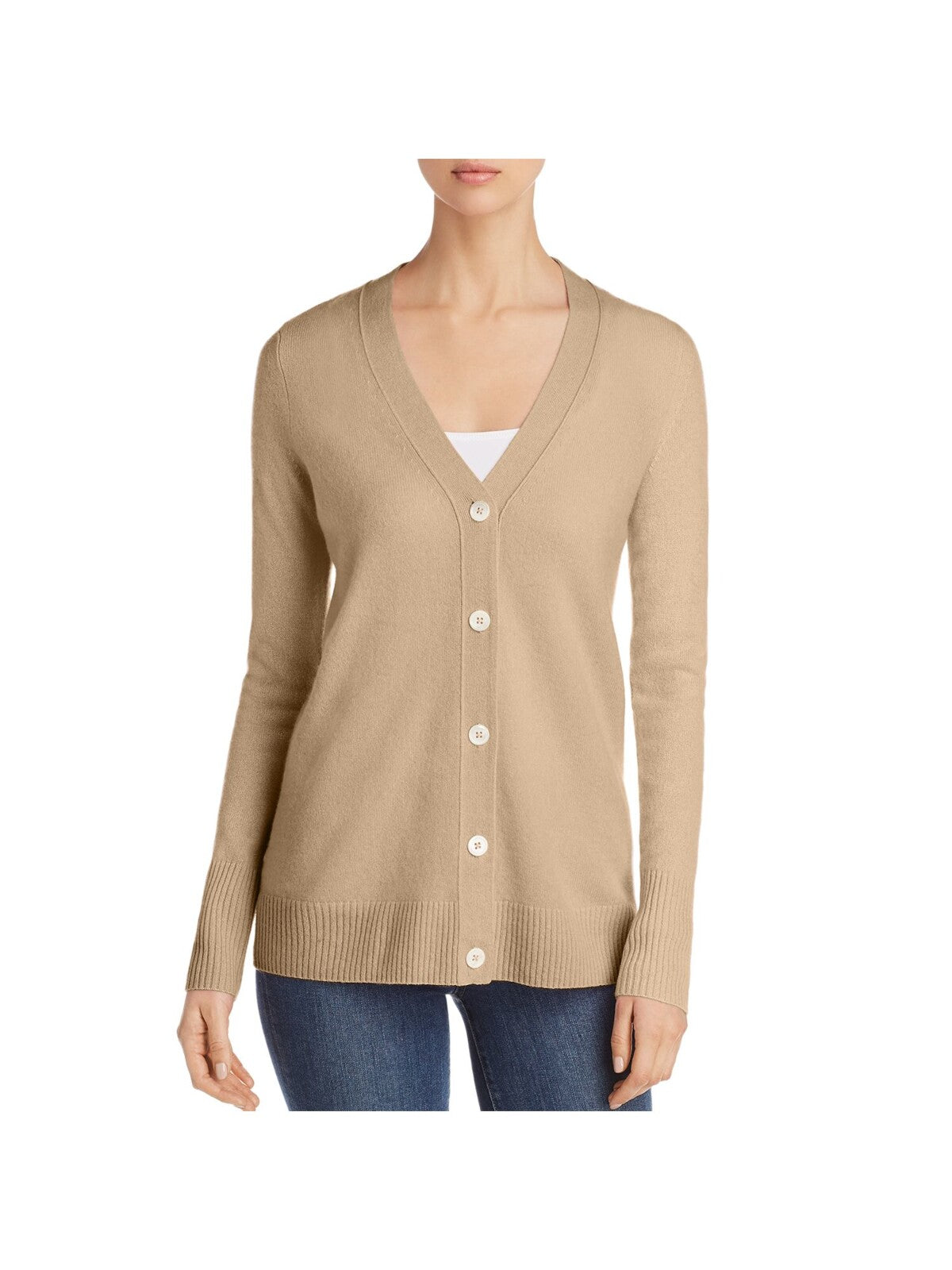 C Womens Beige Long Sleeve V Neck Button Up Sweater S