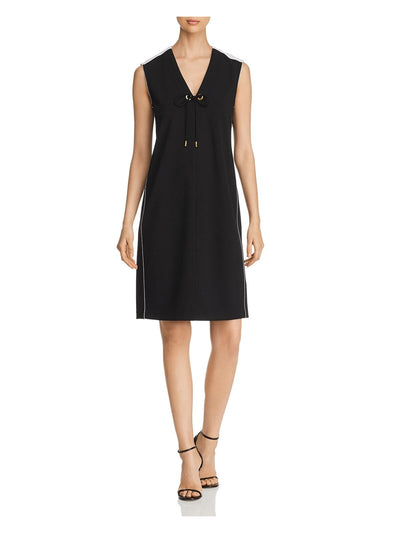 DONNA KARAN Womens Black Stretch Zippered Tie Sleeveless V Neck Above The Knee Wear To Work Sheath Dress XS