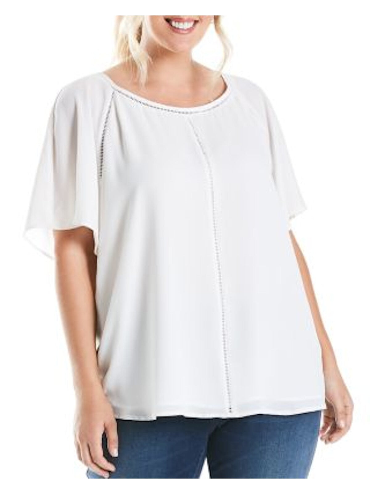 ESTELLE Womens White Jewel Neck Blouse Plus 1X