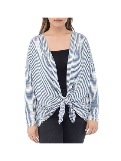 B COLLECTION Womens Blue Textured Tie Front Drop Shoulders Striped Long Sleeve Open Front Cardigan Plus 1X
