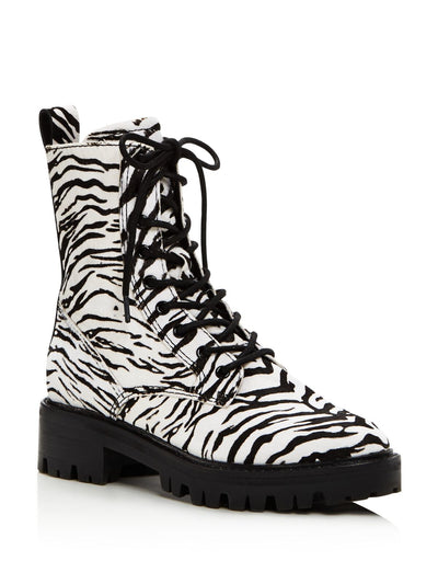 DOLCE VITA Womens Black Zebra Print Lace Up Lug Sole Padded Gregor Almond Toe Block Heel Zip-Up Leather Hiking Boots 6.5