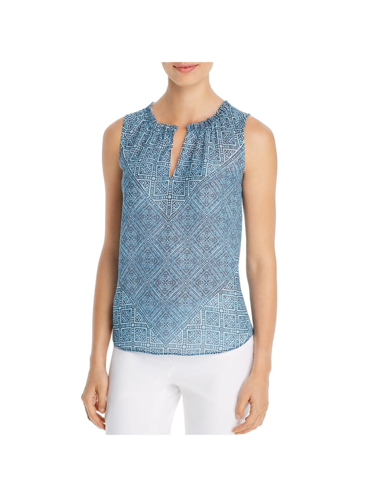 NIC+ZOE Womens Light Blue Textured Ruffled Partially Lined Keyhole Tribal Sleeveless Jewel Neck Tank Top S