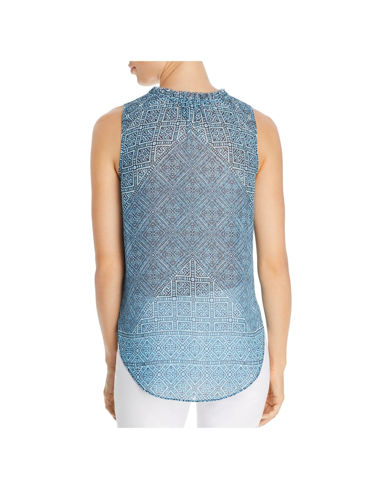 NIC+ZOE Womens Light Blue Textured Ruffled Partially Lined Keyhole Tribal Sleeveless Jewel Neck Tank Top S