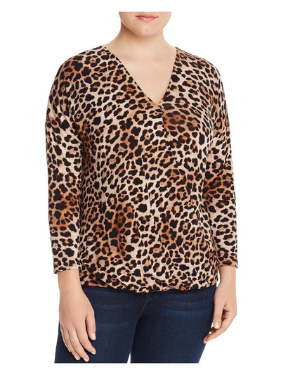 STATUS BY CHENAULT Womens Brown Animal Print Long Sleeve V Neck Blouse Plus 2X