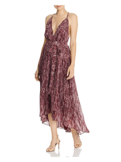 FAME AND PARTNERS Womens Maroon Pleated Printed Spaghetti Strap V Neck Below The Knee Evening Hi-Lo Dress 14