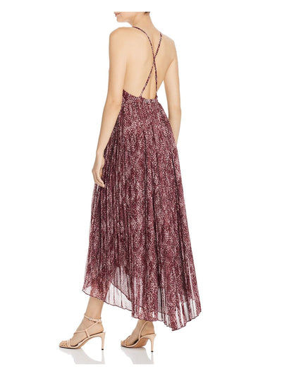 FAME AND PARTNERS Womens Maroon Pleated Printed Spaghetti Strap V Neck Below The Knee Evening Hi-Lo Dress 8