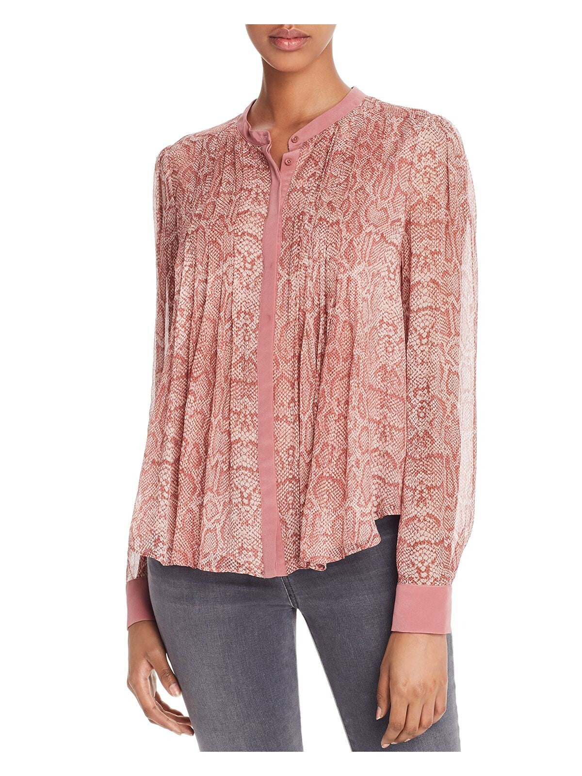 JOIE Womens Pink Ruffled Printed Long Sleeve With Buttons Button Up Top XXS