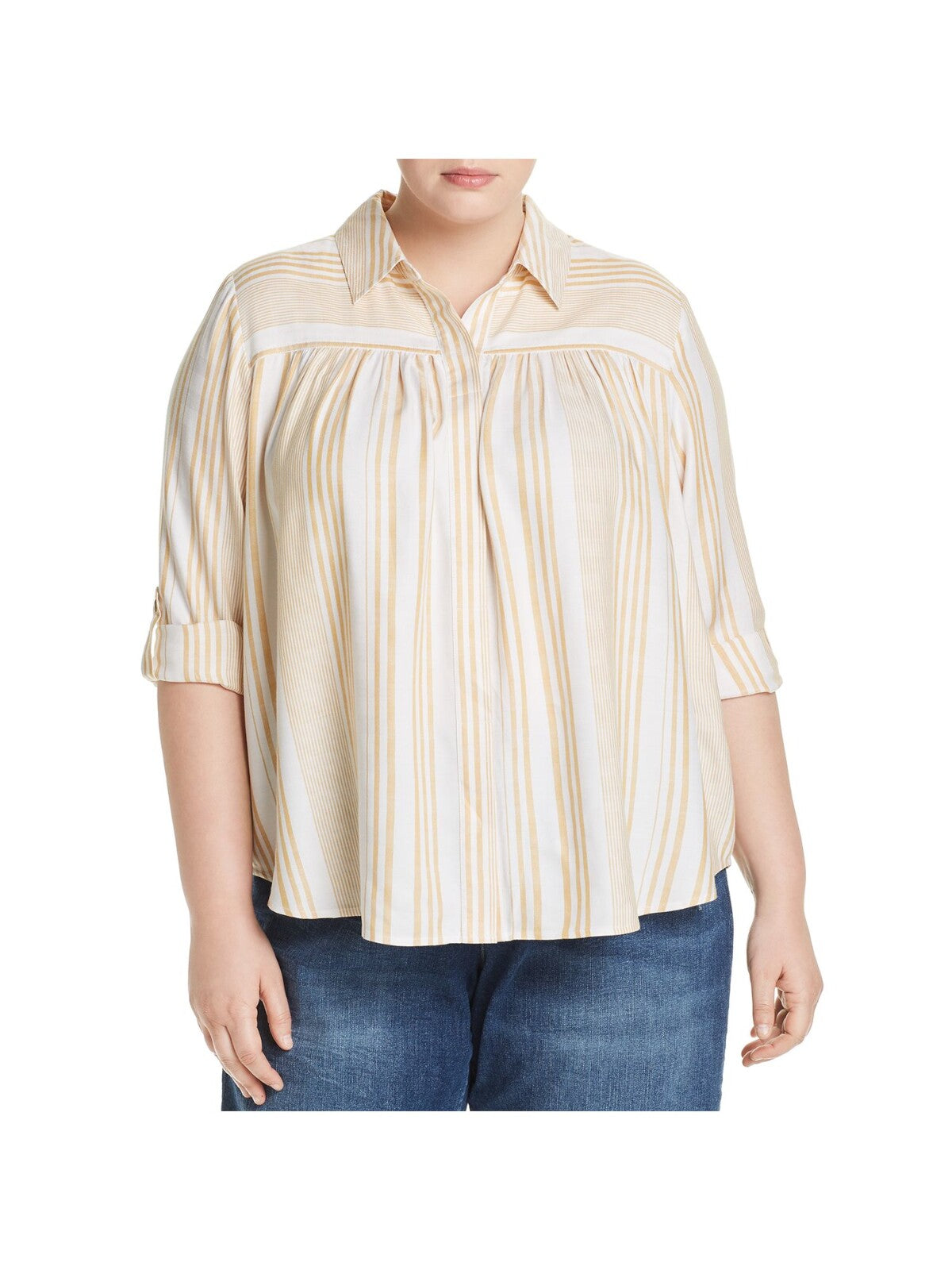 CUPIO BLUSH Womens Ivory Pleated Curved Hem Striped Roll-tab Sleeve Collared Button Up Top Plus 1X