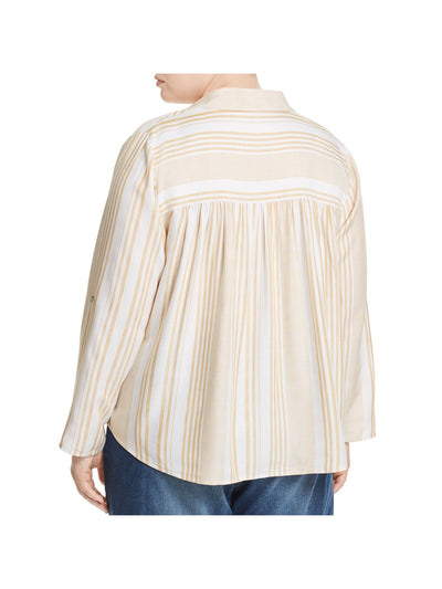 CUPIO BLUSH Womens Ivory Pleated Curved Hem Striped Roll-tab Sleeve Collared Button Up Top Plus 1X