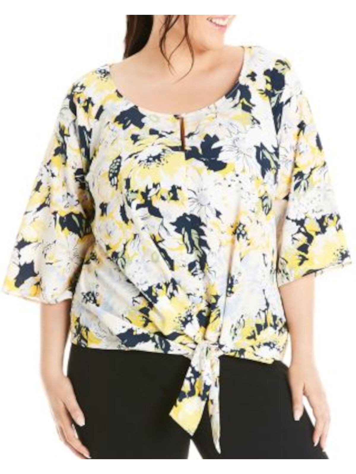 ESTELLE Womens Yellow Floral Elbow Sleeve Keyhole Blouse Plus 3X