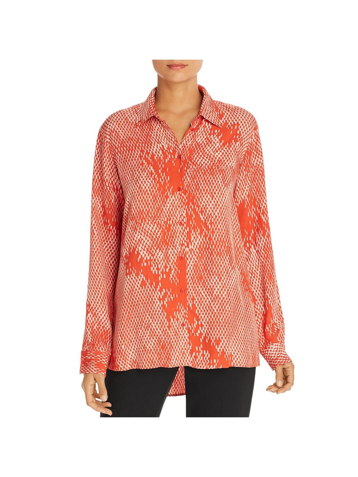 HUGO BOSS Womens Orange Slitted Button Cuffs Printed Long Sleeve Collared Cocktail Hi-Lo Top 10