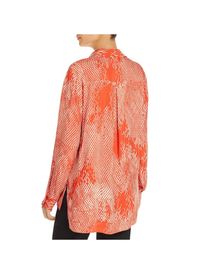 HUGO BOSS Womens Orange Slitted Button Cuffs Printed Long Sleeve Collared Cocktail Hi-Lo Top 10