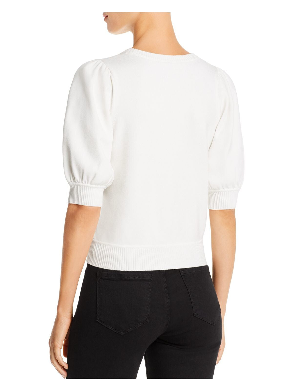 LINI Womens Crew Neck Bishop Sleeve Ribbed Trim Crop Top Sweater