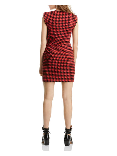 LINI Womens Red Houndstooth Sleeveless Surplice Neckline Mini Party Body Con Dress M