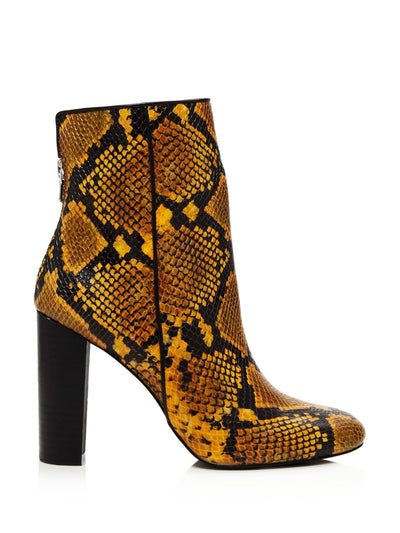 AQUA Womens Yellow Snake Print Padded Soren Round Toe Block Heel Zip-Up Leather Booties 5 M