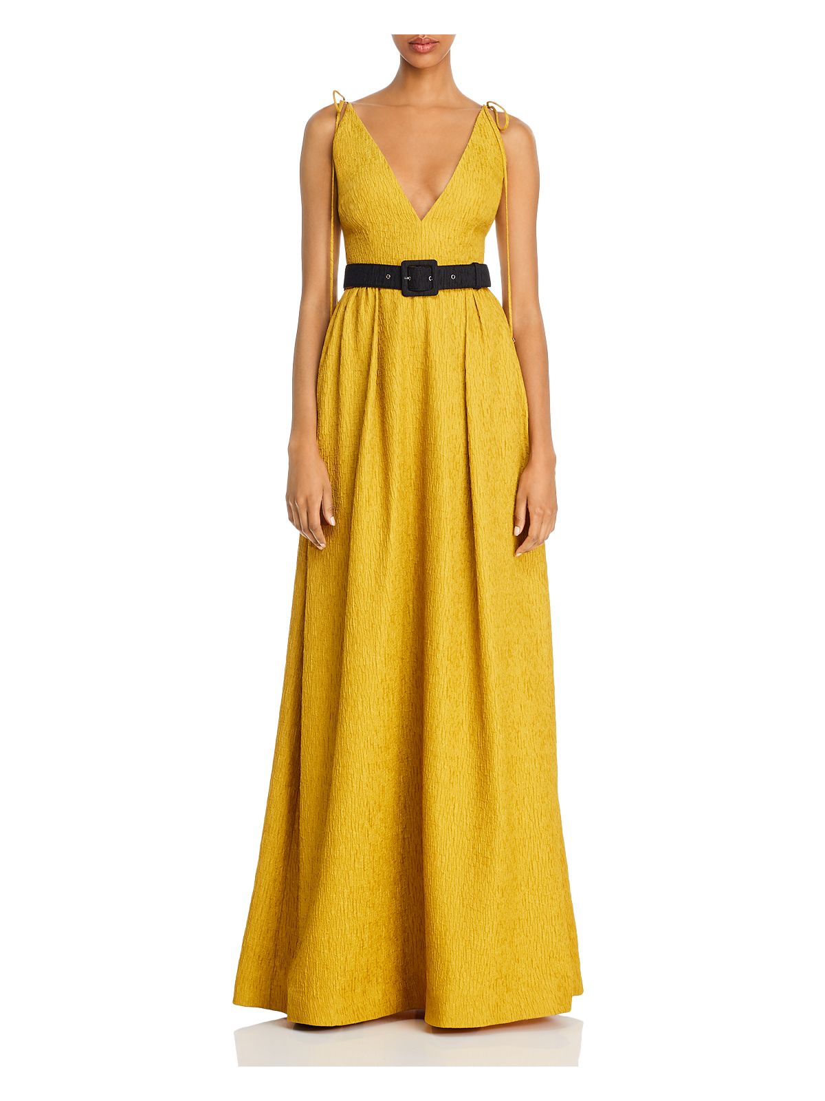 REBECCA VALLANCE Womens Yellow Belted Textured Sleeveless V Neck Full-Length Formal Empire Waist Dress 4