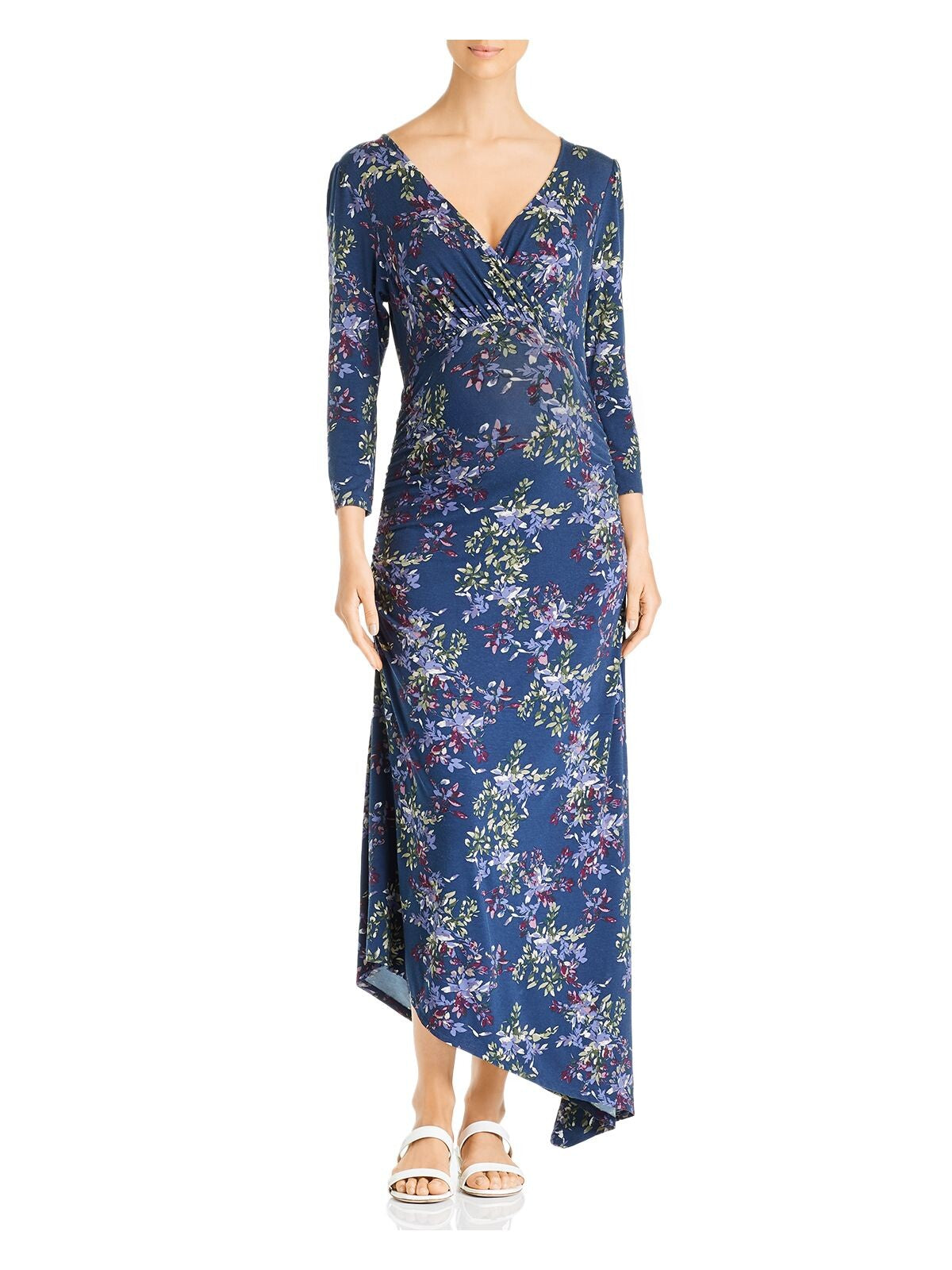 INGRID & ISABEL Womens Navy Ruched Asymmetric Hem Pullover Floral 3/4 Sleeve Surplice Neckline Maxi Empire Waist Dress Maternity S