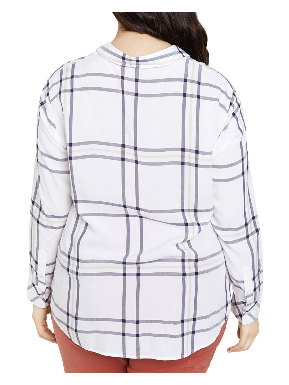SANCTUARY Womens White Pocketed Curved Hem Button Front Plaid Cuffed Sleeve Point Collar Boyfriend Top Plus 3X