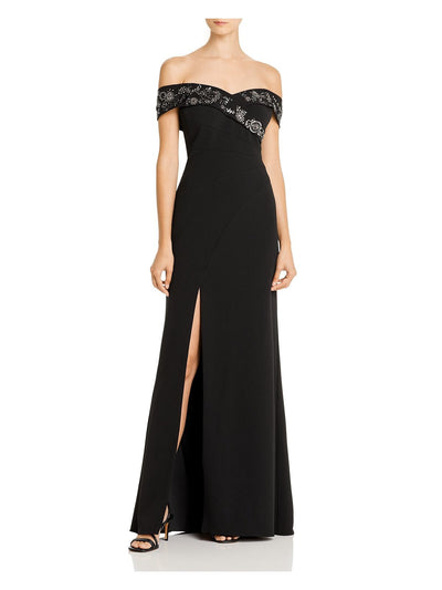 AIDAN MATTOX Womens Black Slitted Short Sleeve Off Shoulder Full-Length Evening Fit + Flare Dress 4