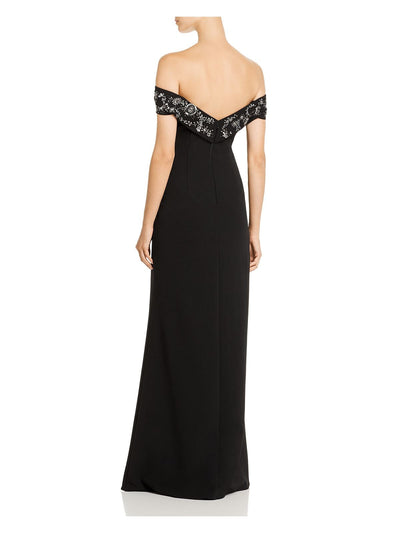 AIDAN MATTOX Womens Black Slitted Short Sleeve Off Shoulder Full-Length Evening Fit + Flare Dress 6