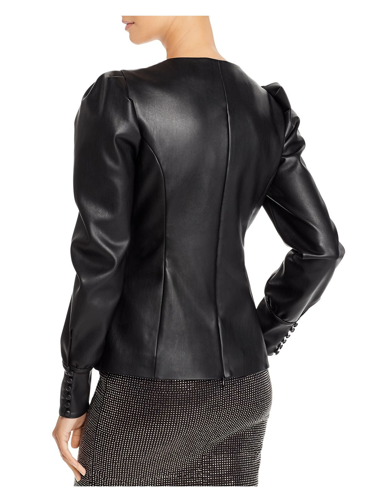 AQUA Womens Black Faux Leather Long Sleeve Jewel Neck Evening Top 4