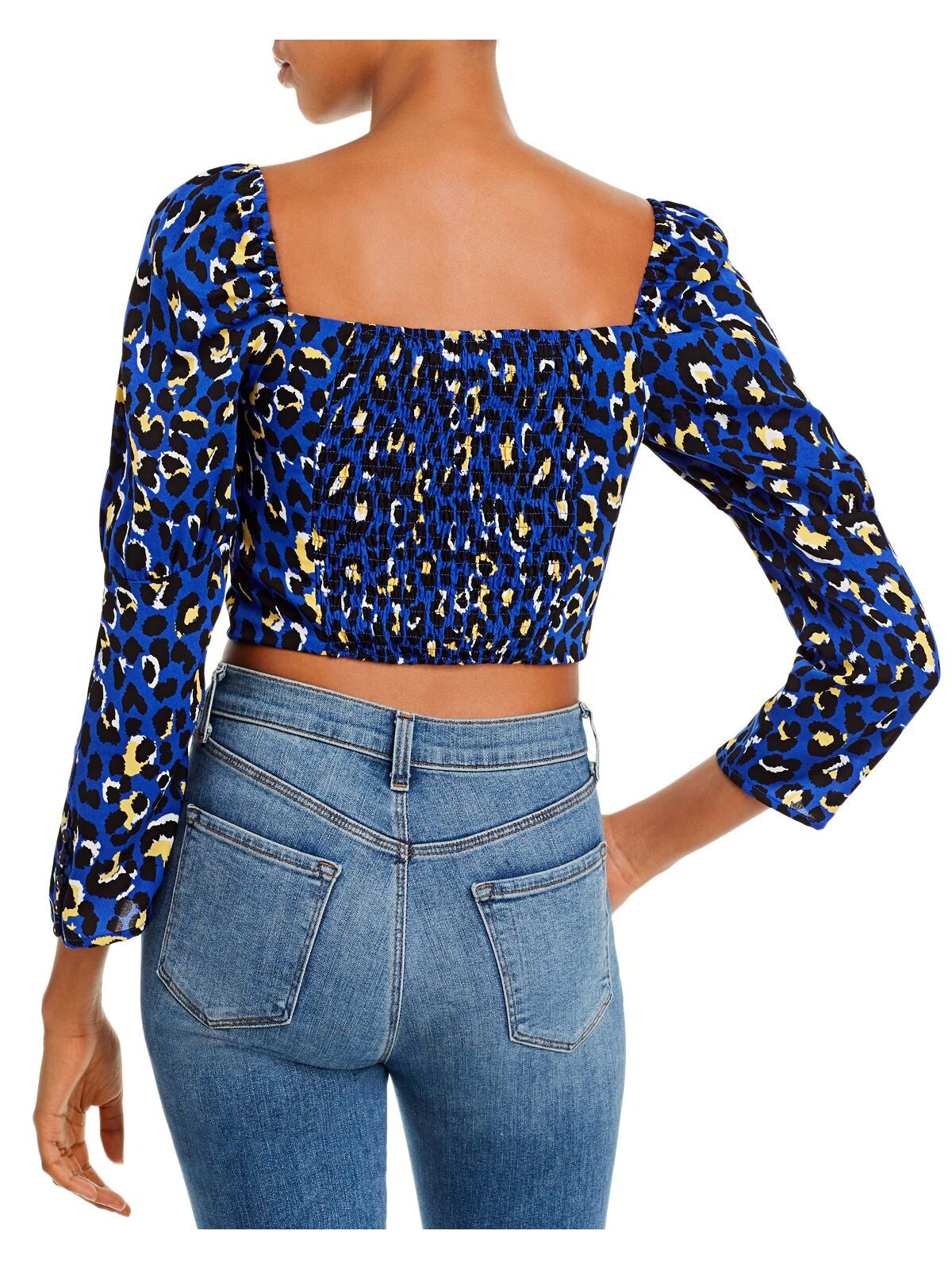 Rahi Womens Blue Patterned Dolman Sleeve Square Neck Crop Top S