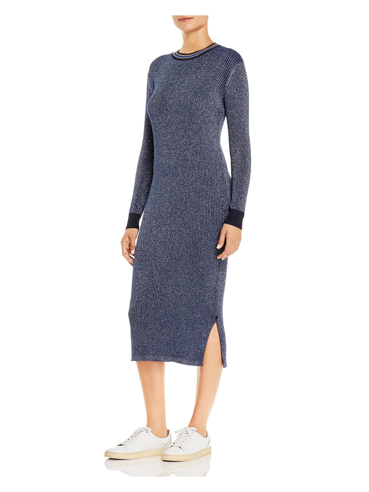 SCOTCH & SODA Womens Blue Knit Metallic Ribbed Slitted Pullover Long Sleeve Round Neck Midi Party Body Con Dress S