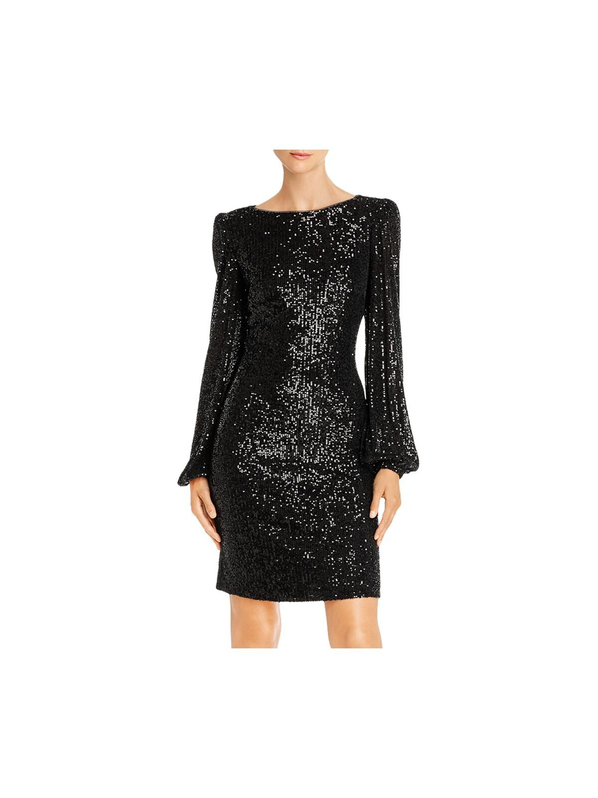 AQUA Womens Black Cut Out Sequined Long Sleeve Jewel Neck Short Cocktail Sheath Dress 0