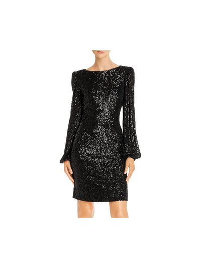 AQUA Womens Black Cut Out Sequined Long Sleeve Jewel Neck Short Cocktail Sheath Dress 4