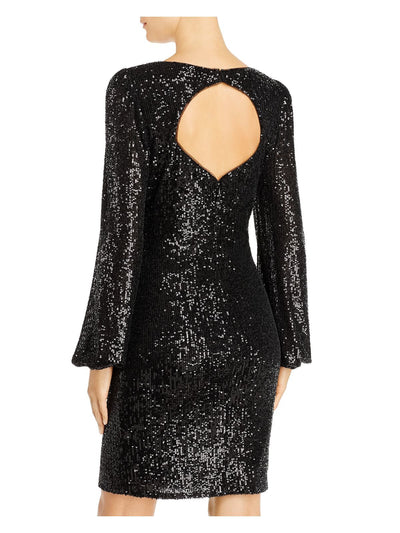 AQUA Womens Black Cut Out Sequined Long Sleeve Jewel Neck Short Cocktail Sheath Dress 6