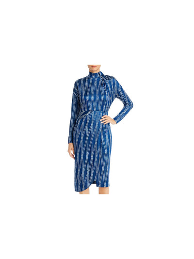 HUGO BOSS Womens Blue Stretch Zippered Asymmetrical Hem Lined Printed Long Sleeve Mock Neck Below The Knee Wear To Work Tulip Dress S