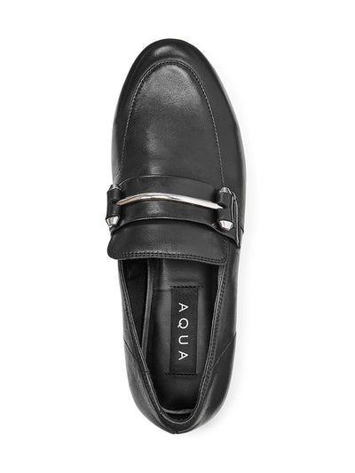 AQUA Womens Black Comfort Metallic Kim Round Toe Block Heel Slip On Leather Loafers Shoes M
