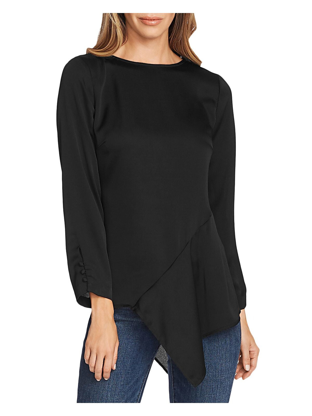 VINCE CAMUTO Womens Black Long Sleeve Jewel Neck Handkerchief Top Size: XXS