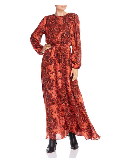 NOTES Womens Red Animal Print Pouf Crew Neck Maxi Blouson Dress Size: 36