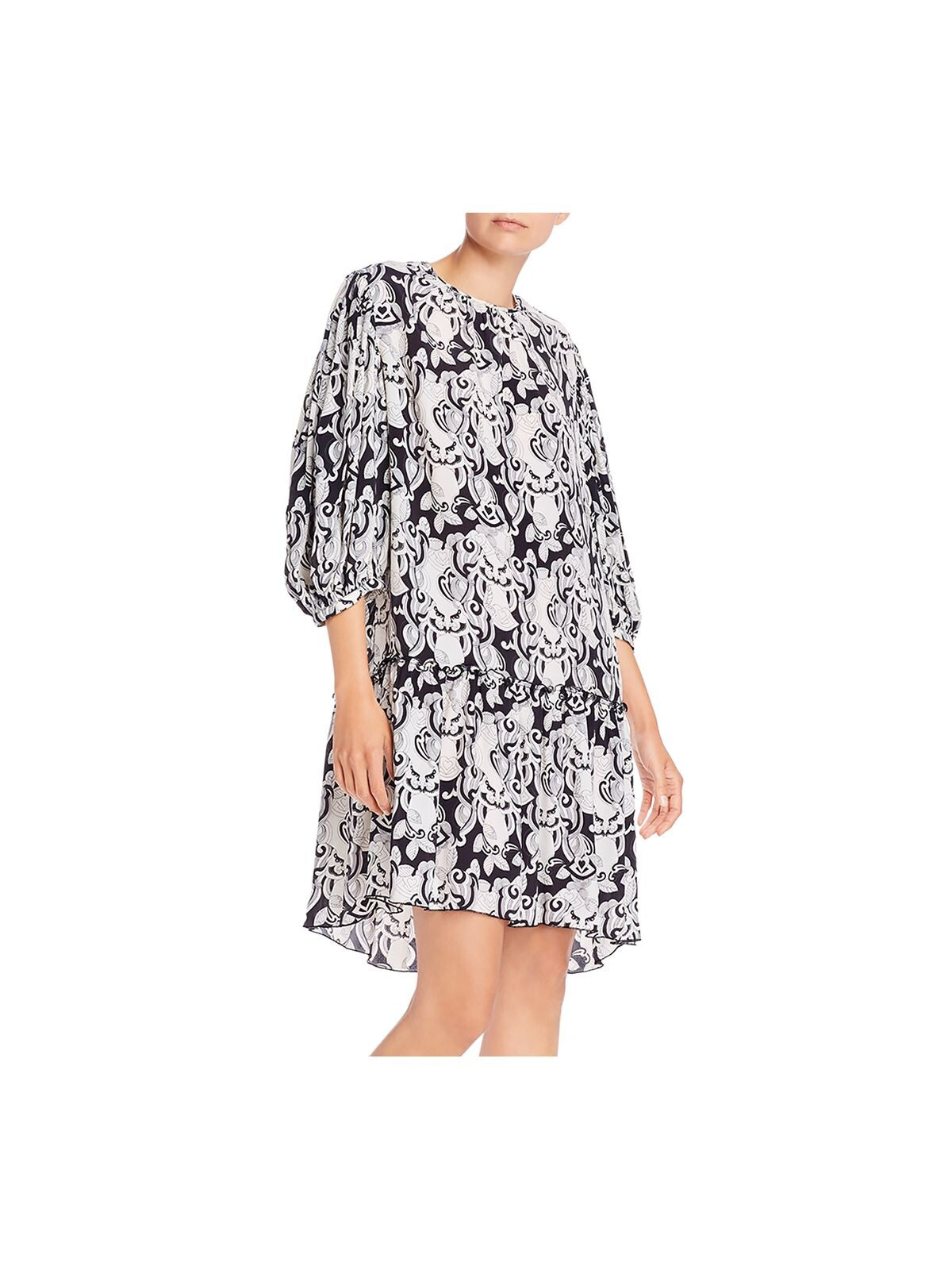 SEE BY CHLOE Womens Black Ruffled Gathered Keyhole Closure Unlined Pullover Printed Balloon Sleeve Round Neck Above The Knee Shift Dress 34