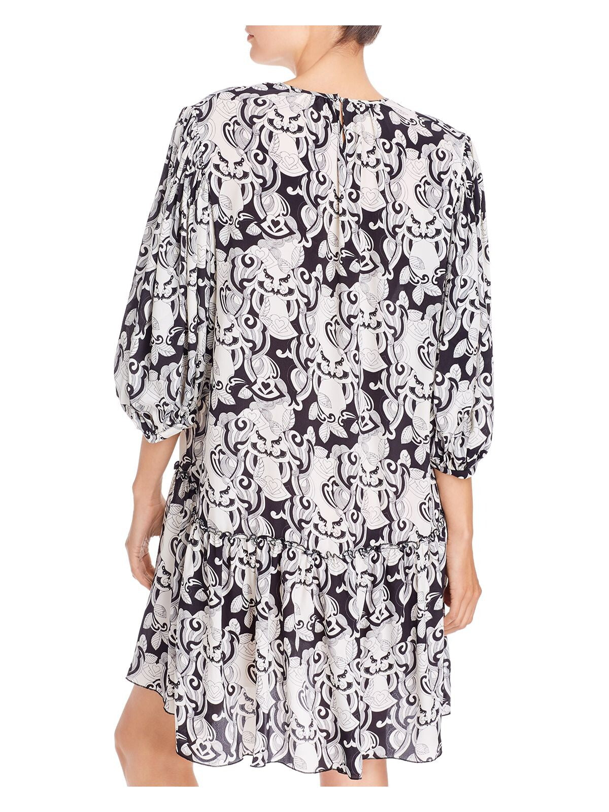 SEE BY CHLOE Womens Black Ruffled Gathered Keyhole Closure Unlined Pullover Printed Balloon Sleeve Round Neck Above The Knee Shift Dress 34