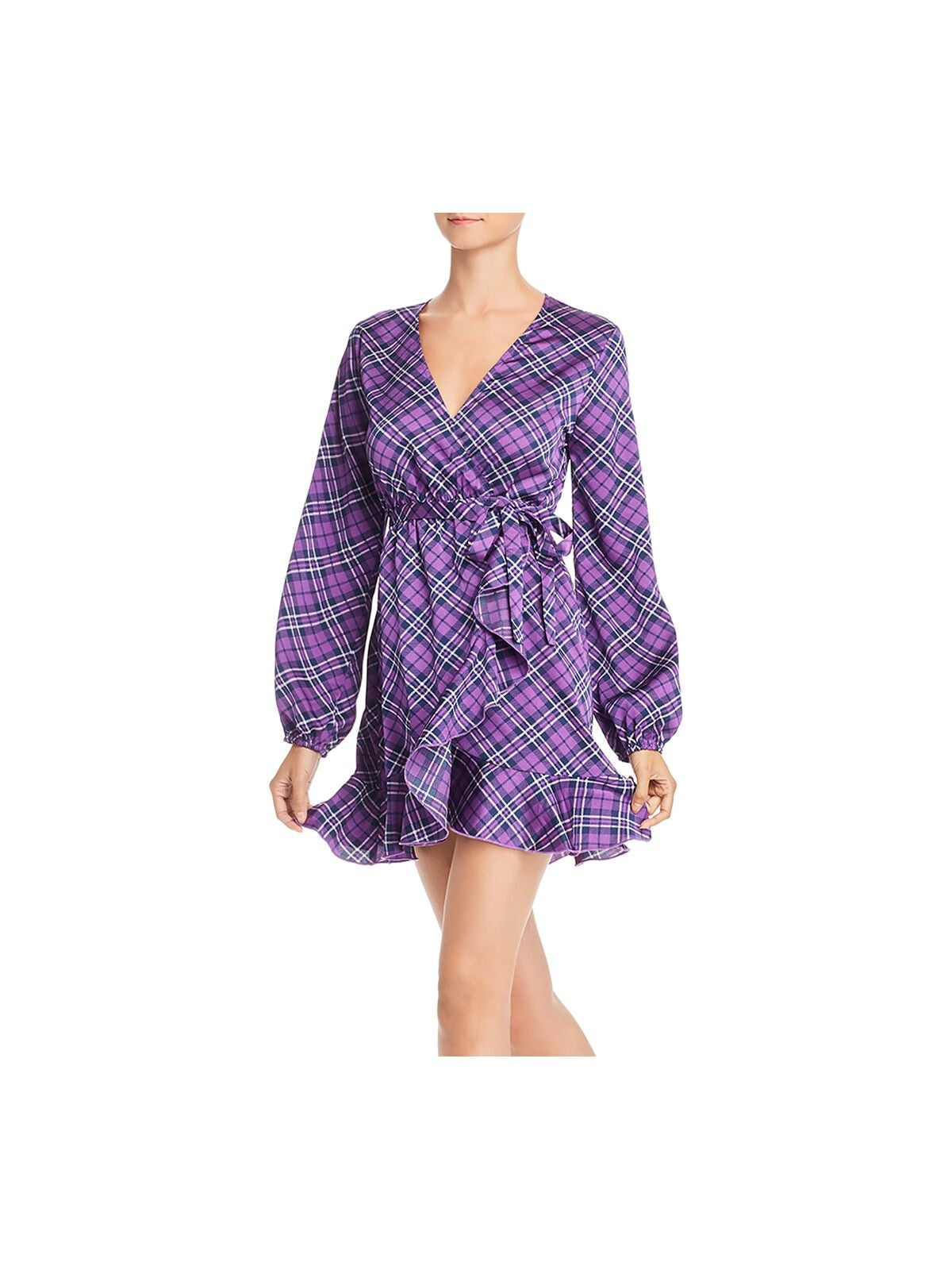 AQUA Womens Purple Tie Waist Plaid Long Sleeve V Neck Short Wrap Dress XS