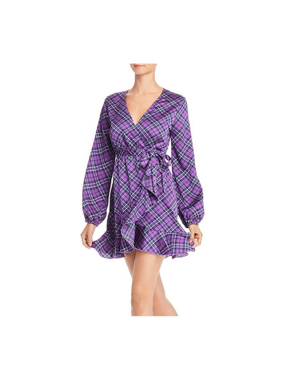 AQUA Womens Purple Tie Waist Plaid Long Sleeve V Neck Short Wrap Dress S