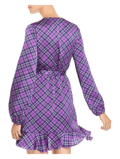 AQUA Womens Purple Tie Waist Plaid Long Sleeve V Neck Short Wrap Dress S