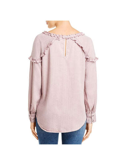 BILLY T Womens Pink Cut Out Ruffled Back Keyhole Long Sleeve Round Neck Top L