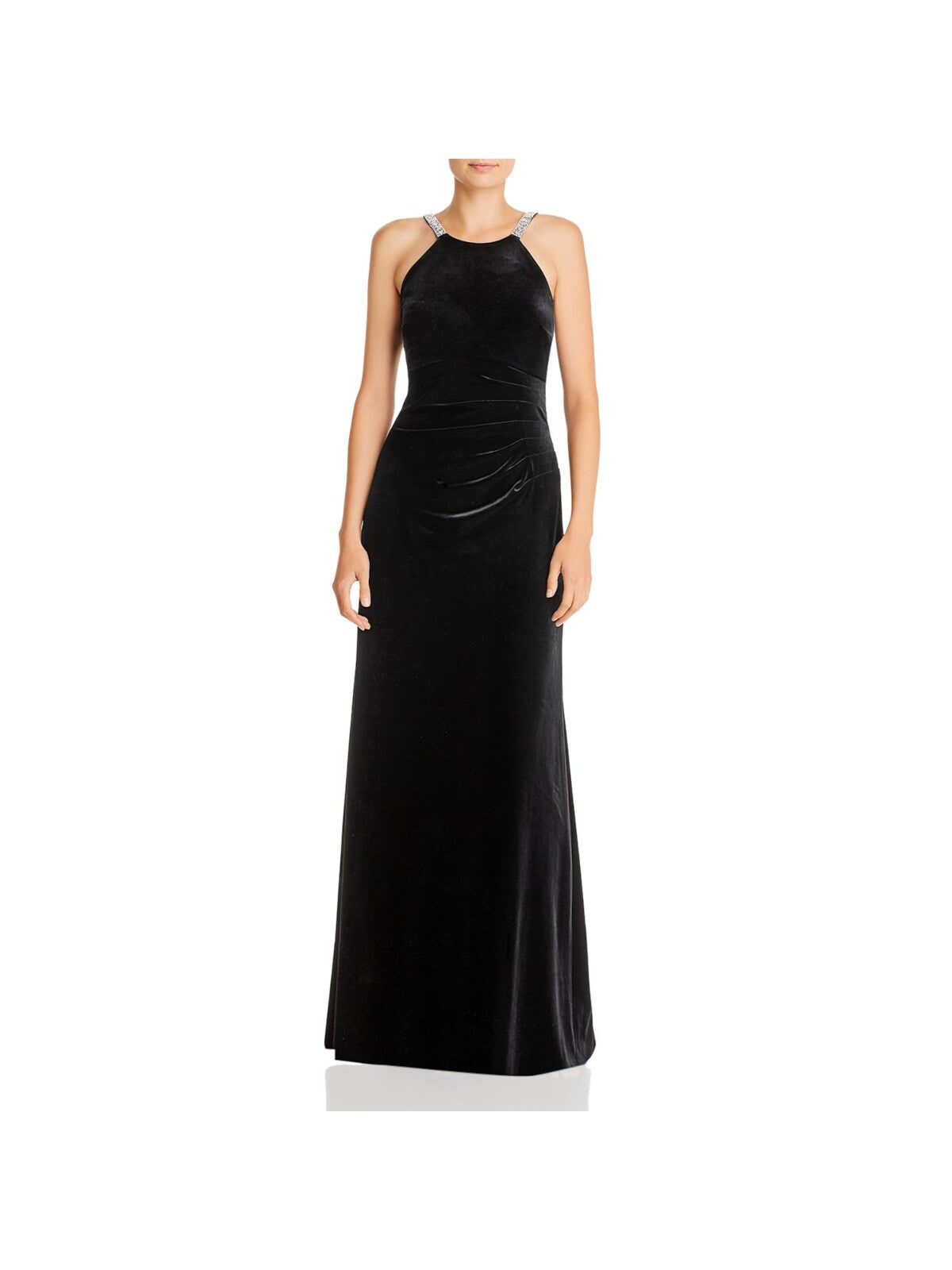 AQUA FORMAL Womens Black Textured Zippered Rhinestone Straps Lined Pleated Sleeveless Jewel Neck Full-Length Evening Gown Dress 2