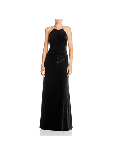 AQUA FORMAL Womens Black Textured Zippered Rhinestone Straps Lined Pleated Sleeveless Jewel Neck Full-Length Evening Gown Dress 8