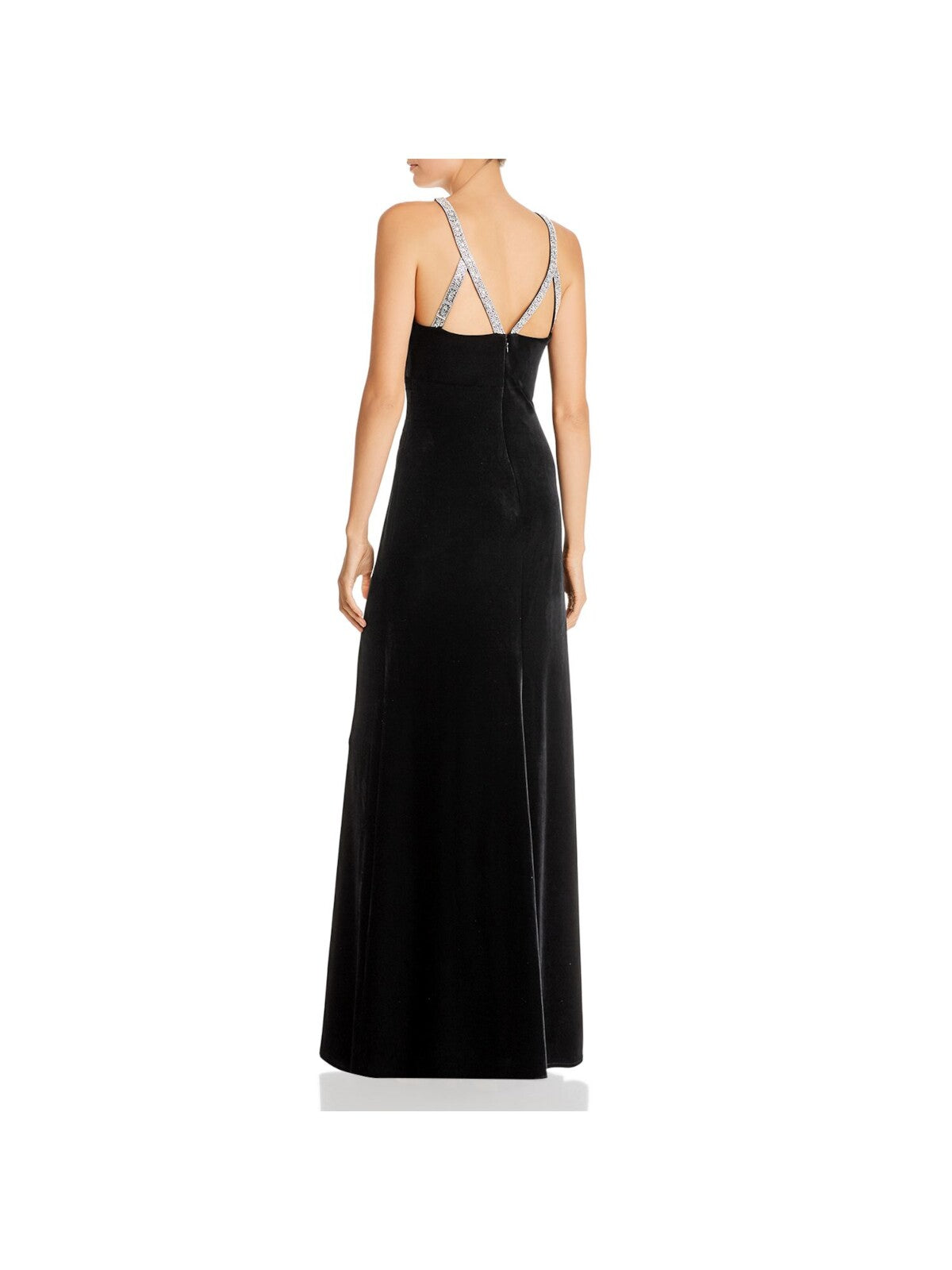 AQUA FORMAL Womens Black Textured Zippered Rhinestone Straps Lined Pleated Sleeveless Jewel Neck Full-Length Evening Gown Dress 2